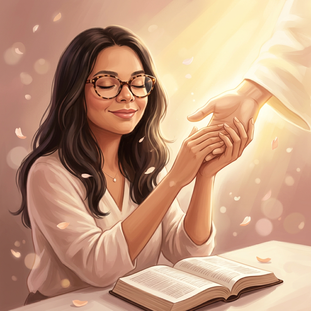 Ilustración de una mujer leyendo la Biblia mientras la mano de Jesús toma la suya